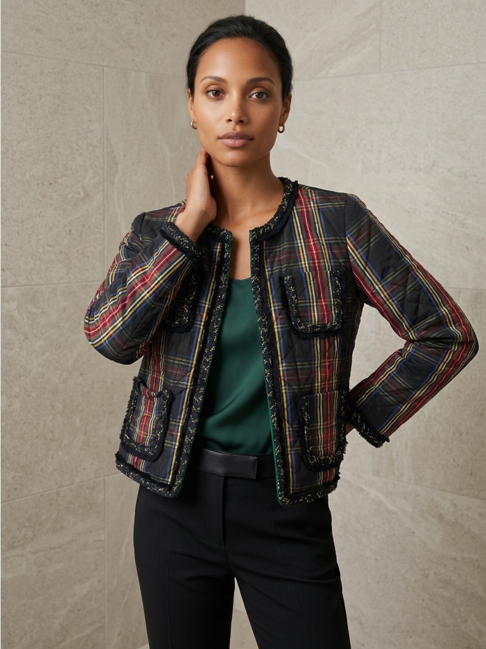 J. Crew Black Multi Plaid Quilted Fringe-Trim Blazer